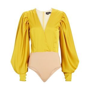 PatBO Balloon Sleeve Wrap Satin Bodysuit